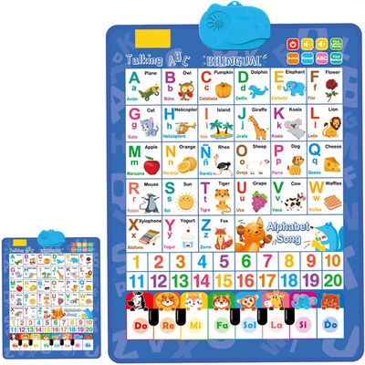 Bilingual Interactive Wall Chart for Kids English & Spanish ABC Song Poster with Sound Effects, Alphabet, Numbers, Animal Words & Piano for Toddlers 1-6 (Blue)