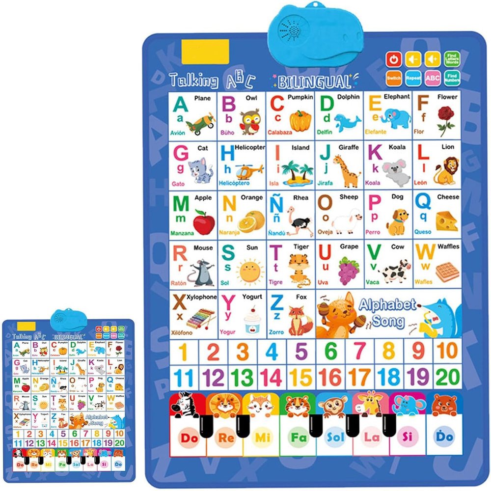 Bilingual Interactive Wall Chart for Kids  English & Spanish ABC Song Poster with Sound Effects, Alphabet, Numbers, Animal Words & Piano for Toddlers 1-6 (Blue)