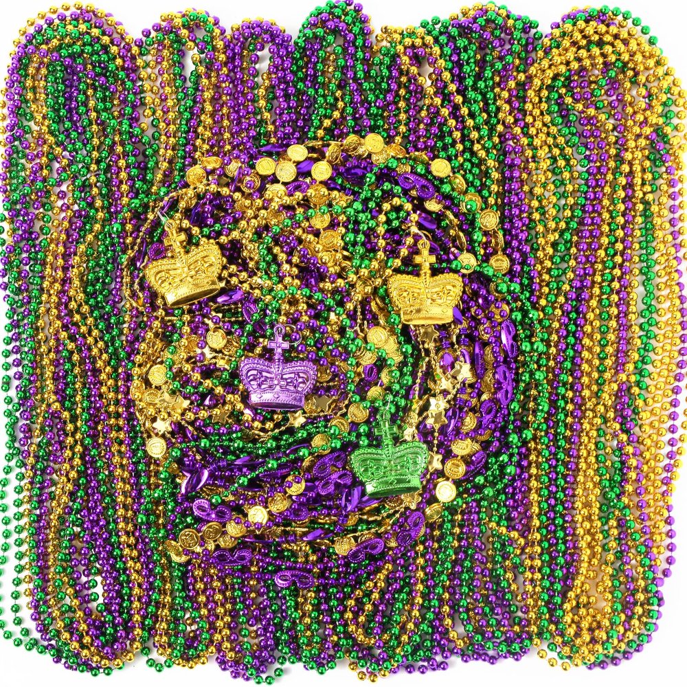 Guhiwuk 100 Pcs Mardi Gras Beads, Bulk Gold Purple Green Metallic Mardi Gras Beads Necklaces for Carnival Parade Decorations, St Patrick Day Celebrations Accessories, Themed Party Favors