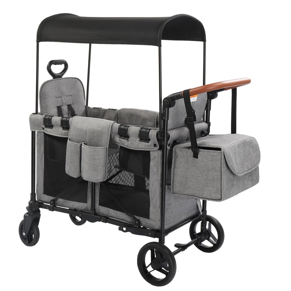 Stroller Wagon for 2 Kids, Baby Wagon Stroller for 2 Seaters, All-Terrain Kids Wagon with Canopy, Parent Organizer, Adjustable Handle & Pull Bar for Infants and Toddlers (Gray)