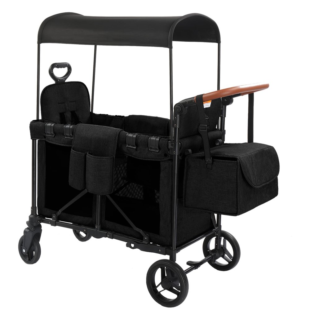 Stroller Wagon for 2 Kids, Baby Wagon Stroller for 2 Seaters, All-Terrain Kids Wagon with Canopy, Parent Organizer, Adjustable Handle & Pull Bar for Infants and Toddlers (Black)