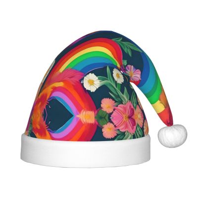 BaerK Rainbow Flowers Print Christmas Hat for Kids - Santa Hat, Unisex Warm Cap for Holiday Parties, Wear, and Everyday Use