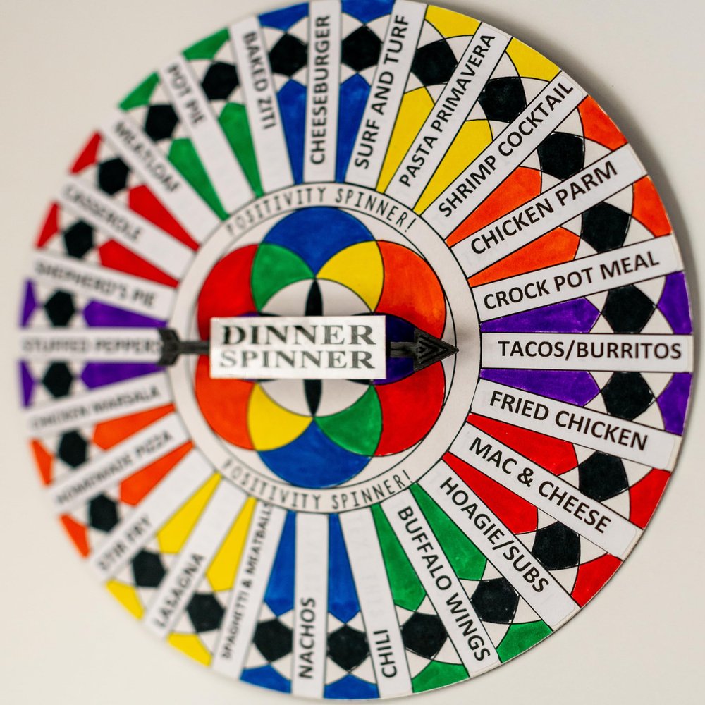 Dinner Spinner Decision Decider - Meal Maker Wheel - Recipe Wheel of Fortune - Family & Couples Dinner Adventure Game - Ready to use Arrives fully assembled, colored, printed and ready to spin!
