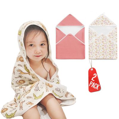 2-Pack Muslin Hooded Baby Towels, 100% Cotton, Towels for Babies, Infants, Toddles, Soft and Absorbent for Boy and Girl, Double Layered Baby Towel With Hood, Babies Muslin Towel Set (Pink Flowers)