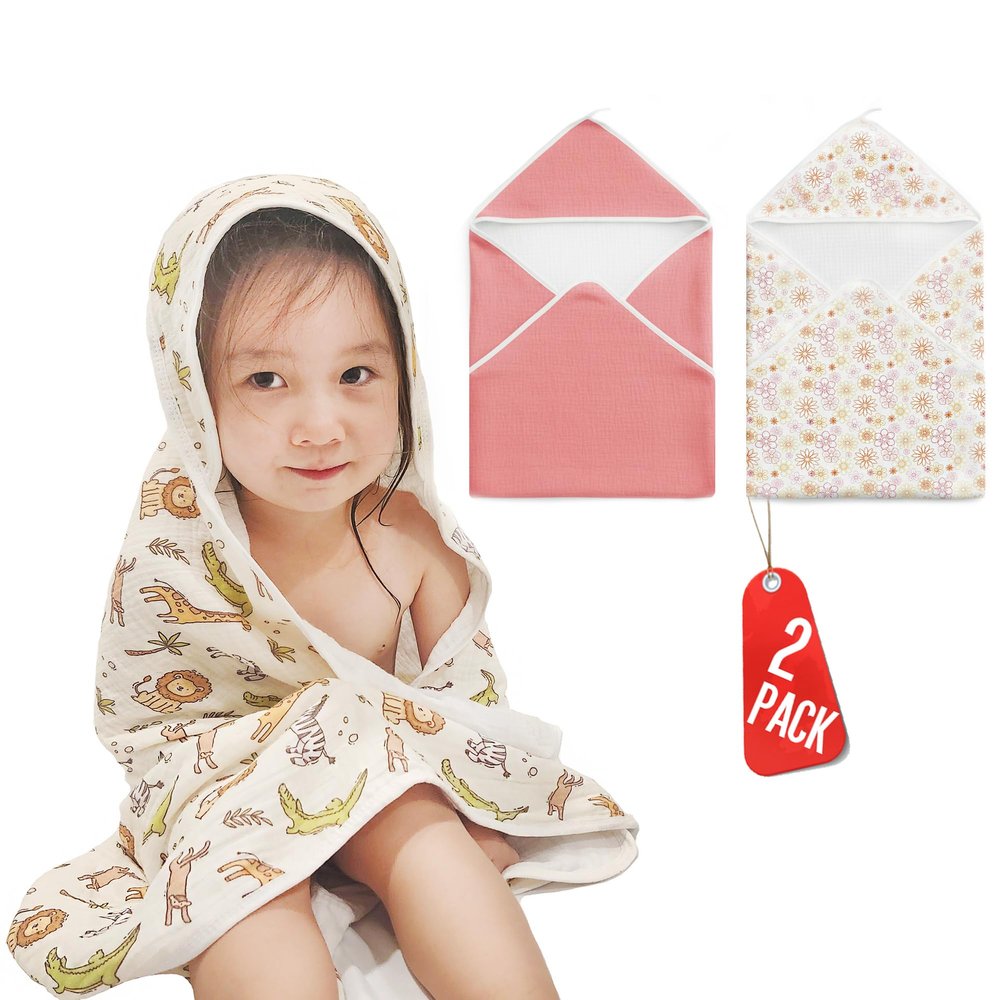2-Pack Muslin Hooded Baby Towels, 100% Cotton, Towels for Babies, Infants, Toddles, Soft and Absorbent for Boy and Girl, Double Layered Baby Towel With Hood, Babies Muslin Towel Set (Pink Flowers)