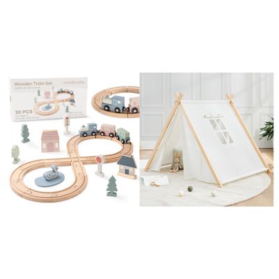 30-Piece Wooden Train Set and Kids Play Tent Bundled by Comfy Cubs
