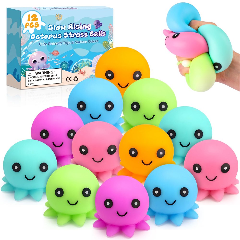 12 Pack Stress Balls for Adults, Cute Octopus Stress Relief Stress Ball, Fidget Toys Bulk Squishy Squeeze Ball Set and Birthday Party Favors Toys for Kids