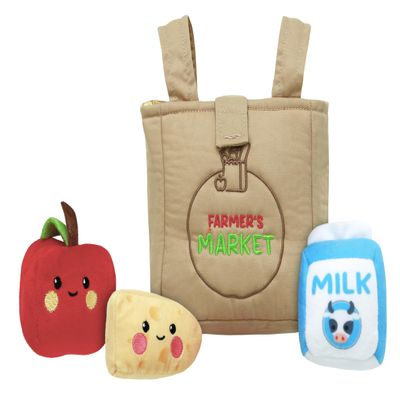 4 Piece Plush Farmer's Market Play Set with Sensory Toys for Baby, Multicolored, 6 inch Grocery Bag with 3 Foods