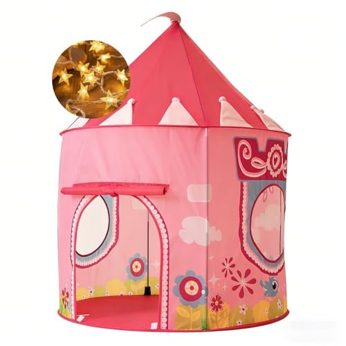 ROIWUIE Princess Castle Play Tent for Kids, Girls' Pop-Up Play Tent with Star Lights, Indoor/Outdoor Foldable Pink Play Tent Fabulous Gift for Little Girls