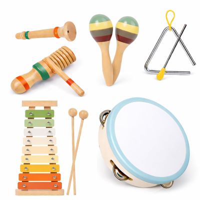 Baby Musical Instruments Set - Montessori Wooden Baby Musical Toys, Toddler Percussion Instruments Xylophone Maracas Tambourine for Toddlers 1-3, 1 2 3 Year Old Girls Boys Birthday Music Toys Gifts