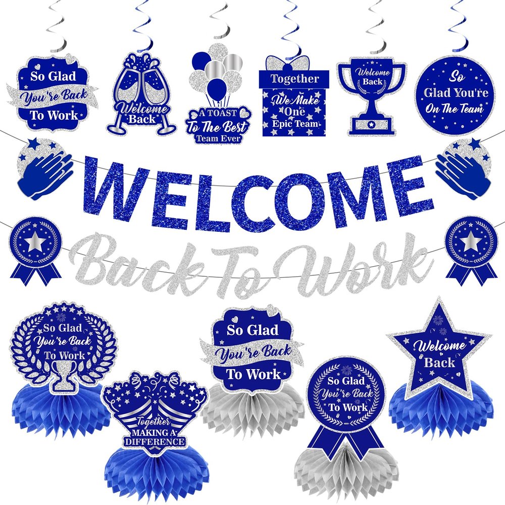 12pcs Welcome Back to Work Decorations Office Blue Silver So Glad You're Back To Work Banner and Hanging Swirls Table Centerpieces Office Party Supplies for Indoors Outdoors