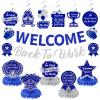 12pcs Welcome Back to Work Decorations Office Blue Silver So Glad You're Back To Work Banner and Hanging Swirls Table Centerpieces Office Party Supplies for Indoors Outdoors view 1