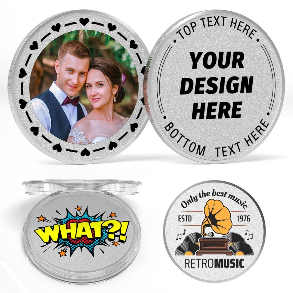 10Pcs Custom Metal Challenge Coin - Personalized Logo/Photo/Text, Double-Sided Printed Coin Commemorative Token for Military, Corporate Events, Sports & Wedding Anniversaries (Silver)