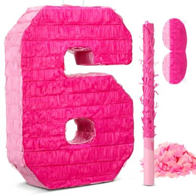 16 Inch Pink Number 6 Pinata for 6th Birthday Party Decorations, Perfect for 6th Birthday Party Supplies Fiesta Anniversary Celebration Birthday Pinata with Stick Blindfold Confetti 16 x 11.8 x 3.2 In