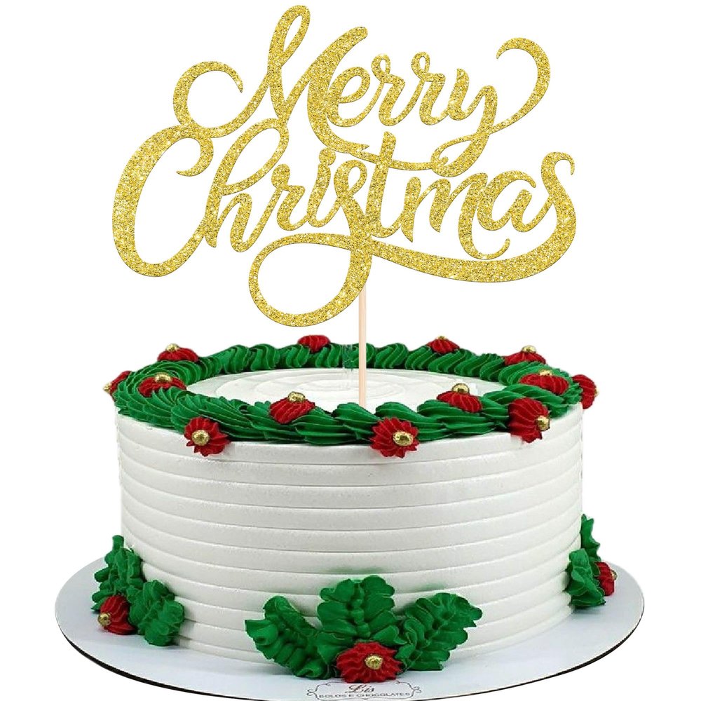 Rsstarxi 1 Pack Gold Christmas Cake Decoration Merry Christmas Cake Topper Glitter Eve Xms Theme Cake Pick Decoration for Birthday New Years Eve Party Decorations Supplies