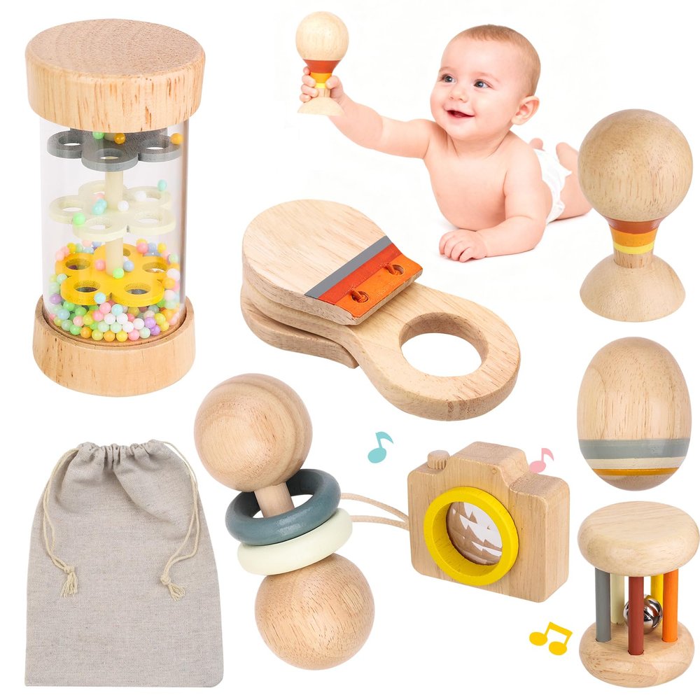 Montessori Wooden Baby Toys 7-in-1 Sensory Set for Babies 012 Months, Rain Sound Tube & Rattle Roller, Sensory Musical Gift for Baby Boys and Girls with Storage Bag