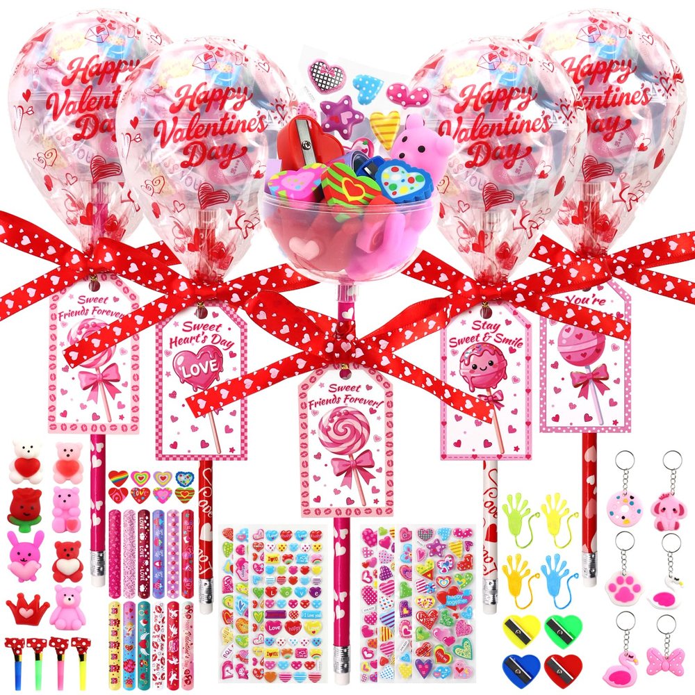 24 Pack Valentines Day Gifts for Kids School Classroom, Giant Lollipop Stationery Set with Cards for Party Favors Class Exchange Gift Prizes, Valentines Goodie Bags Stuffers Kits for Boys Girls