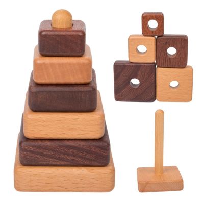 Adena Montessori Ring Log Wood Stacking Toy, Montessori Geometric Stacking Wooden Educational Toy for Babies, 12 Months and Up, Stacking Tower Toy for Babies (Square Type)
