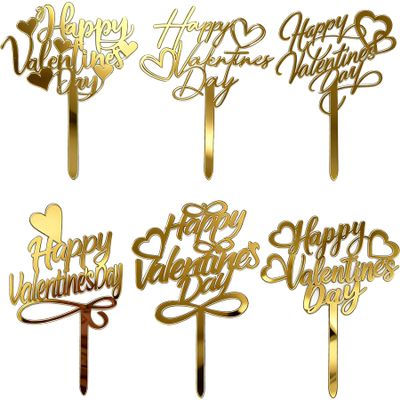 12 Pcs Valentines Day Cake Toppers, 6 Style Gold Acrylic Cake Picks Romantic Heart Happy Valentines Day Cake Cupcake Toppers for Dessert Decor, Anniversary Wedding Party Supplies