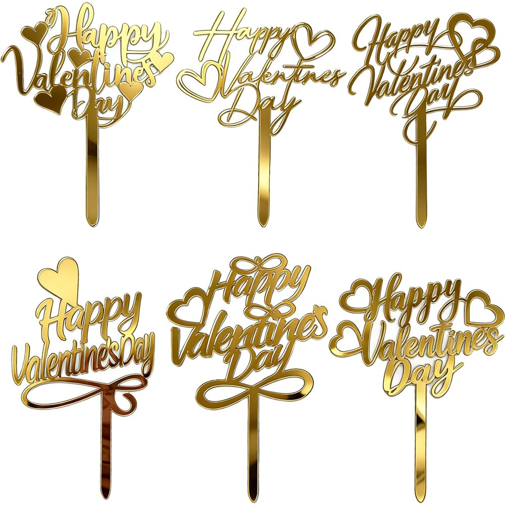 12 Pcs Valentines Day Cake Toppers, 6 Style Gold Acrylic Cake Picks Romantic Heart Happy Valentines Day Cake Cupcake Toppers for Dessert Decor, Anniversary Wedding Party Supplies