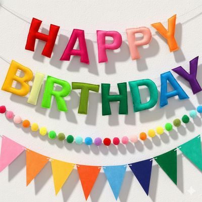 3D Happy Birthday Banner Set Pre-Strung Reusable Rainbow Happy Birthday Decorations with Felt Ball Garland, Triangle Flag Bunting & Colorful Circle Hanging Banner for Wall Window Garden Party Supply