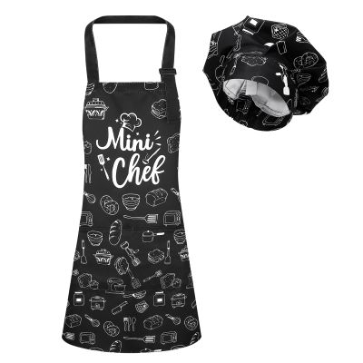 XLSXEXCL Kids Apron and Chef Hat Set, Mini Chef Apron Adjustable Child Aprons Chef in Training Funny Aprons with 2 Pockets for Boys and Girls (Black)