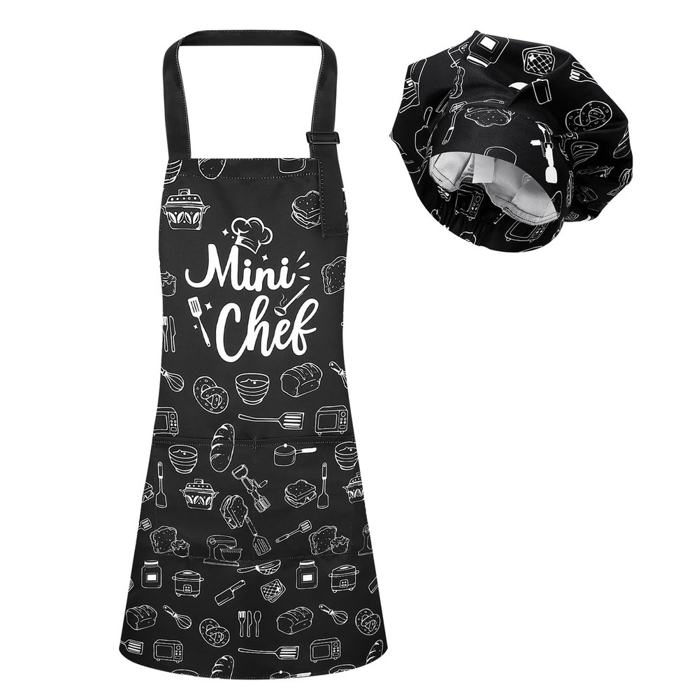 XLSXEXCL Kids Apron and Chef Hat Set, Mini Chef Apron Adjustable Child Aprons Chef in Training Funny Aprons with 2 Pockets for Boys and Girls (Black)