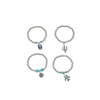 4pcs Ethnic Stacked Bead Retro Turquoise Round Bead Elastic Bracelet For Women,silvery,18cm