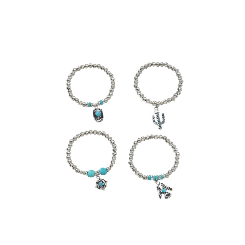 4pcs Ethnic Stacked Bead Retro Turquoise Round Bead Elastic Bracelet For Women,silvery,18cm