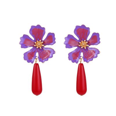 7 * 3.2cm Vintage Flower Metal Enamel Earrings For Women,purple,7 * 3.2cm