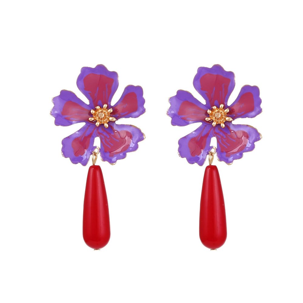 7 * 3.2cm Vintage Flower Metal Enamel Earrings For Women,purple,7 * 3.2cm