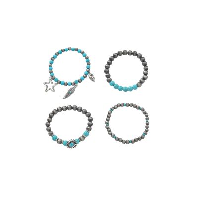 4pcs Bohemian Alloy Bead Turquoise Men'S And Women'S Retro Multi-Layer Bracelet,Turquoise,18cm