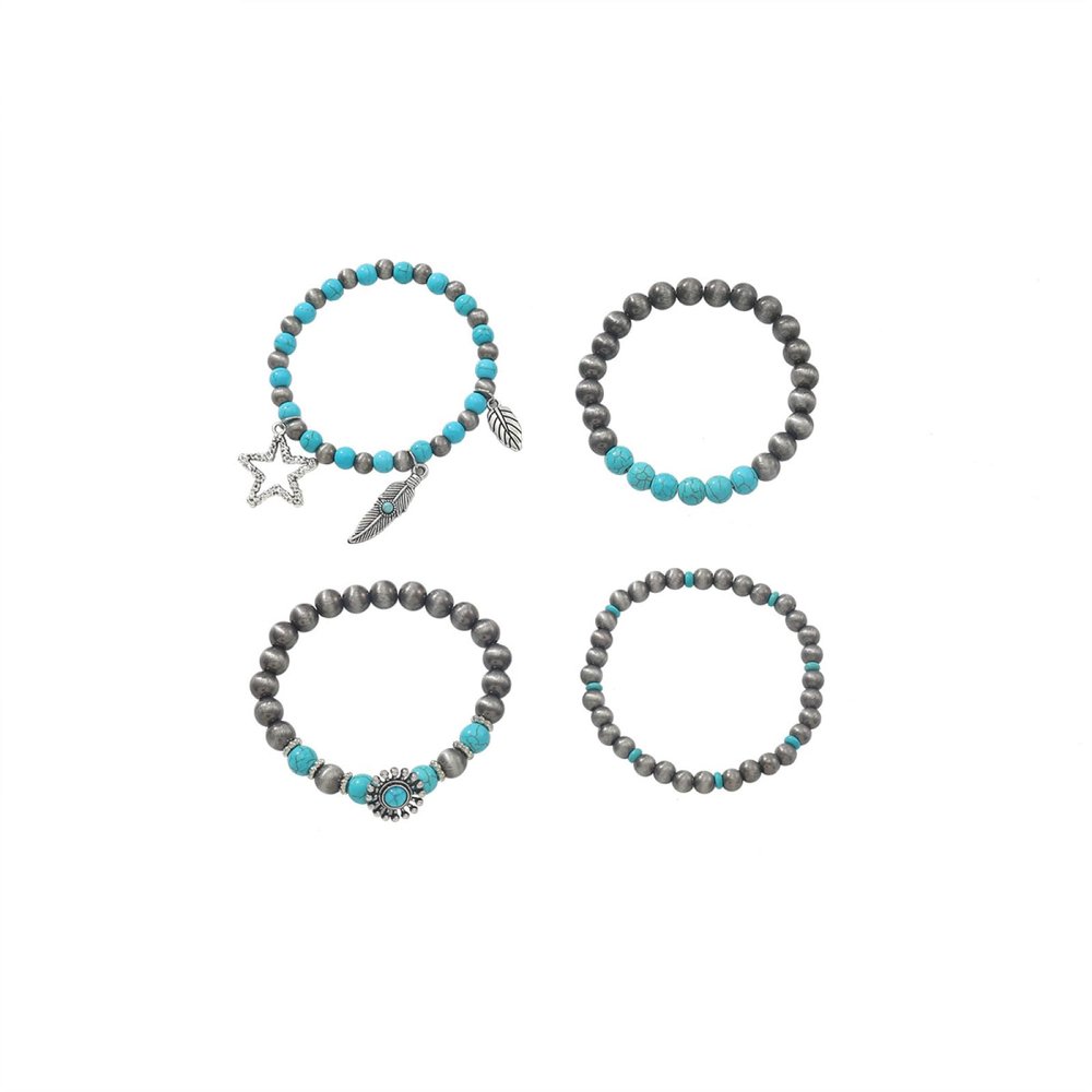 4pcs Bohemian Alloy Bead Turquoise Men'S And Women'S Retro Multi-Layer Bracelet,Turquoise,18cm