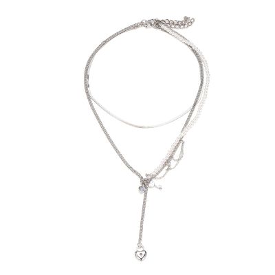 Vintage Layered Heart-Shaped Baroque Pearl Pendant Necklace,silvery,46.5+7cm