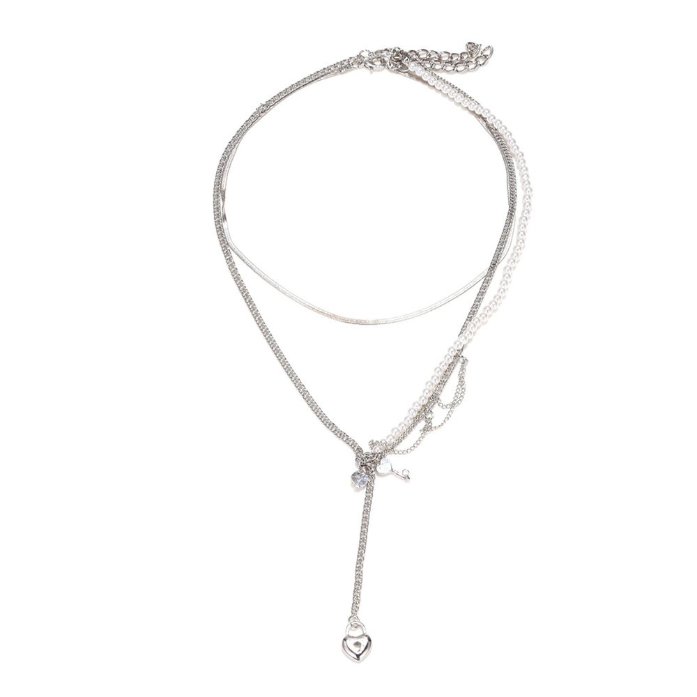 Vintage Layered Heart-Shaped Baroque Pearl Pendant Necklace,silvery,46.5+7cm