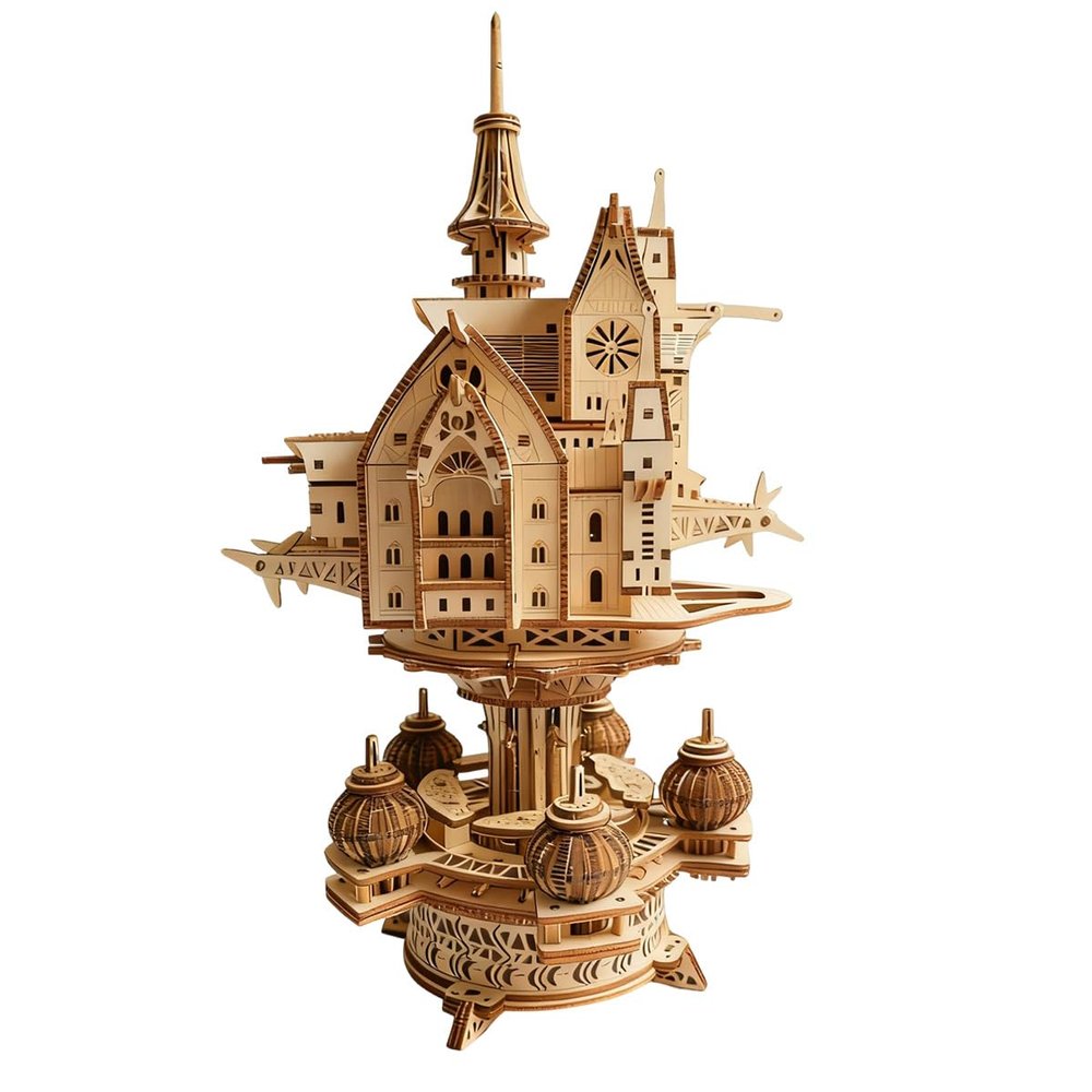 3D Wooden Puzzle - Castle Model Kit, Sky Sanctuary DIY Fantasy Architecture Building Set with Warm Light, Handcrafted Creative Desk Decor, Collectible Gift for Adults & Teens (465PCS)