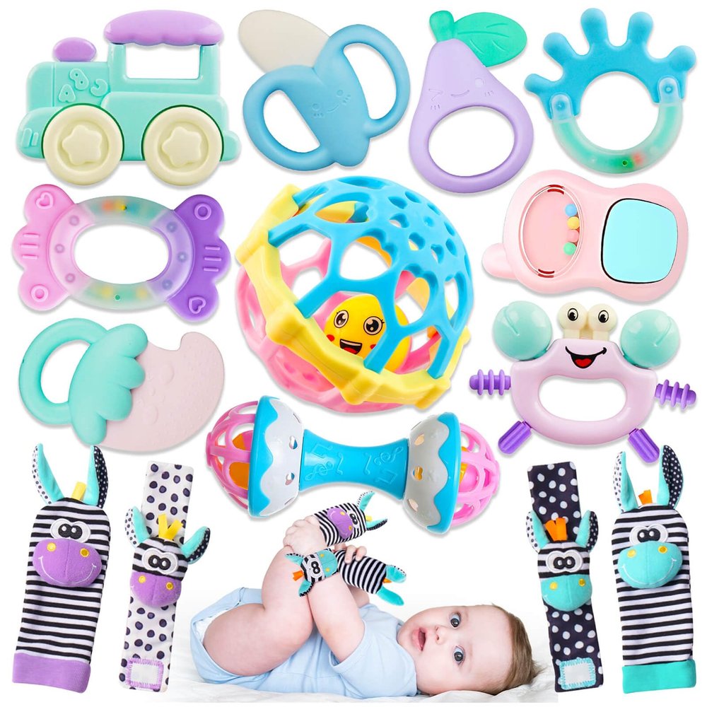 Baby Toys 0-6 Months - Baby Rattles Teething Toys 3-6 Month Infant Toys 6-12 Months Teether Toy 3 4 5 6 Month Old Newborn Essentials Must Haves Wrist Socks Christmas Gifts Easter Basket Stuffers