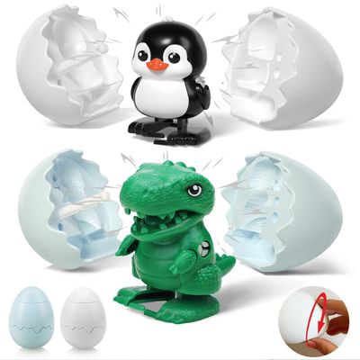 2 Pack Wind-Up Surprise Eggs, Hatching Dinosaur Egg Toy for Kids, Pinning Egg Hatches into Walking Penguin Toys, Reusable Clockwork Dino Fun Dinosaurs Toys for Boys Girls Christmas Birthday Easter