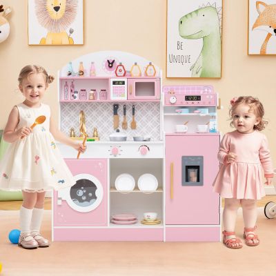 Costzon Kids Kitchen Playset, Toddler Wooden Pretend Play Set w/Coffee Maker, Ice Maker, Microwave, Washing Machine, Dish Rack, Stoves, Play Kitchen for Kids, Gift for Ages 3+ (High Shelves Pink)