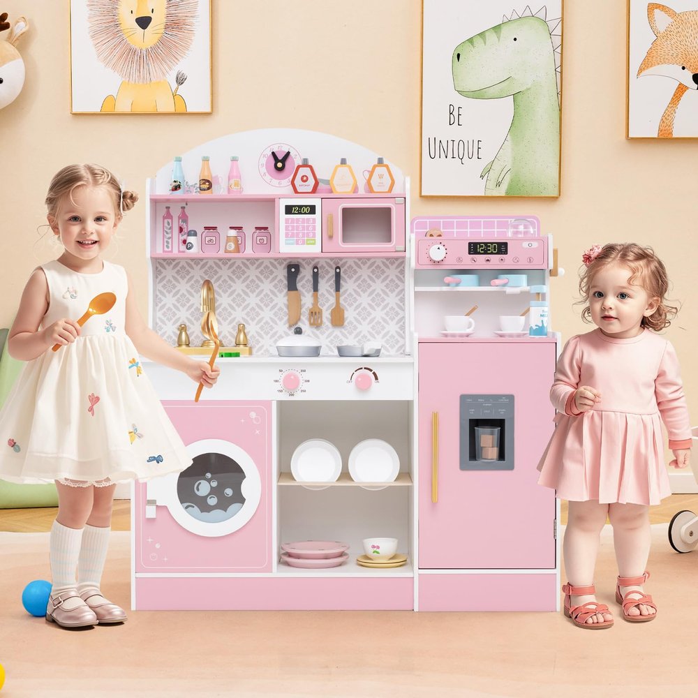 Costzon Kids Kitchen Playset, Toddler Wooden Pretend Play Set w/Coffee Maker, Ice Maker, Microwave, Washing Machine, Dish Rack, Stoves, Play Kitchen for Kids, Gift for Ages 3+ (High Shelves Pink)