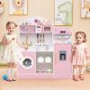 Costzon Kids Kitchen Playset, Toddler Wooden Pretend Play Set w/Coffee Maker, Ice Maker, Microwave, Washing Machine, Dish Rack, Stoves, Play Kitchen for Kids, Gift for Ages 3+ (High Shelves Pink) view 1