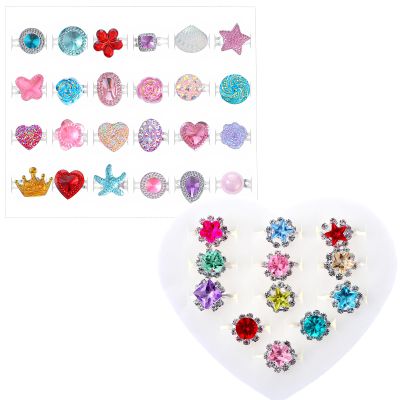 Quilax 2 Set 36 Pcs Jewel Rings, Adjustable Rhinestone Gem Rings, No Duplication Gemstones Plastic Ring in Box, Pretend Play Dress Up Ring Birthday Christmas Jewelry Gifts