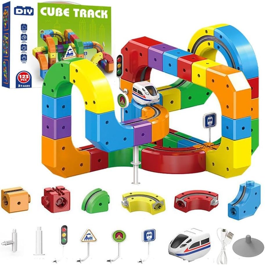 2026 New klick Rail Electric Train Set, 159 PCS Electric Train Set Flexible Race Track with 1 Cars, Gravity-Defying 3D Stem Learning Toy, Click Rail Train Track Set (Style 1 (123PCS))