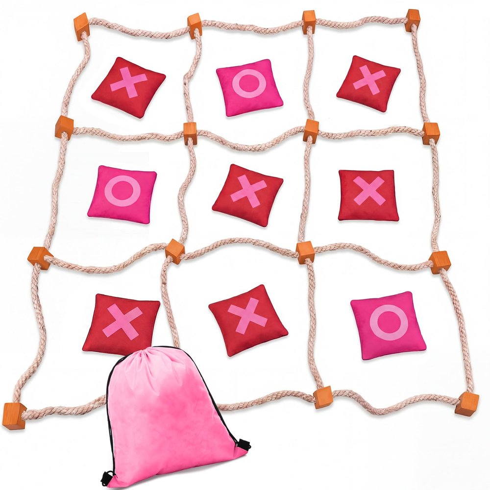 Capoda Outdoor Valentine's Day Game Giant Tic Tac Toe Game Jumbo Bean Bag Toss with 10 Pink and Red XO Bags 4x4ft Tic Tac Toe with Drawstring Storage Pouch for Couples Adults Backyard Party Family Fun