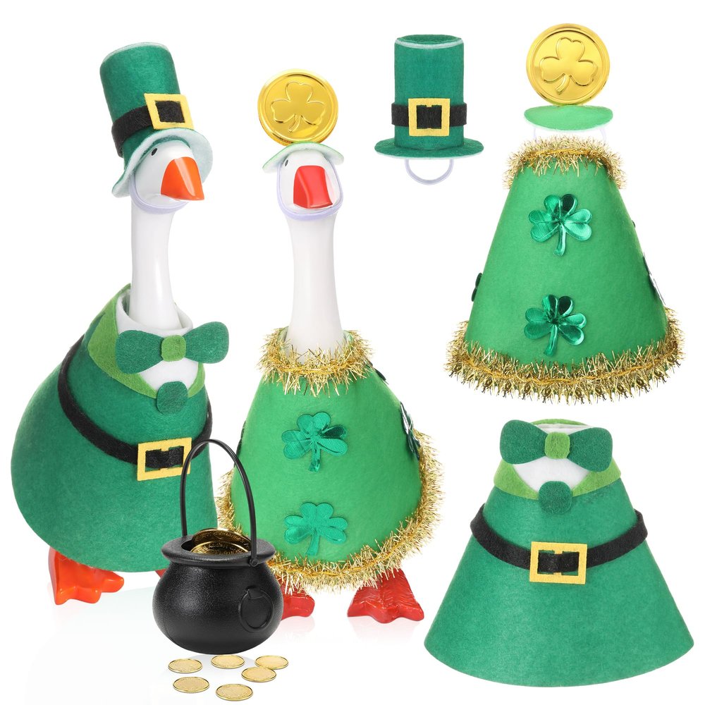 Abbylike 2 Set St. Patrick's Day Desk Goose Outfits 7 Inch Magnetic Goose Keyholder Irish Shamrock Couple Costume St. Patrick's Coins and Witch Kettle for Magnetic Duck Statue Desk Key Holder Decor