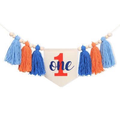 1st Boy High Chair Banner - Blush Pink 1st Girl High Chair Banner,Floral First birthday decor, Wildflower Photo prop,Royal Blue Orange Tassel,First Green Shades Tassel (Blue Orange)