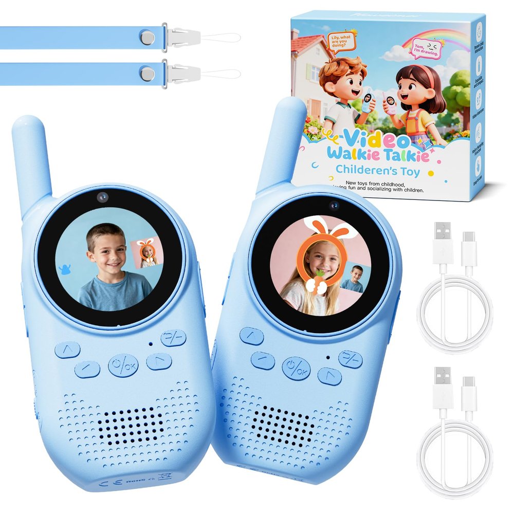 HEWEIMEI Video Walkie Talkies for Kids, Rechargeable Kids Walkie Talkies with Screen Display & Voice Changer, Outdoor Toys for 3-12 Years Boys Girls Birthday Christmas (Bule/Bule)