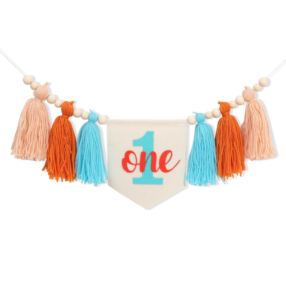 1st Boy High Chair Banner - Blush Pink 1st Girl High Chair Banner,Floral First birthday decor, Wildflower Photo prop,Royal Blue Orange Tassel,First Green Shades Tassel (Orange Blue)