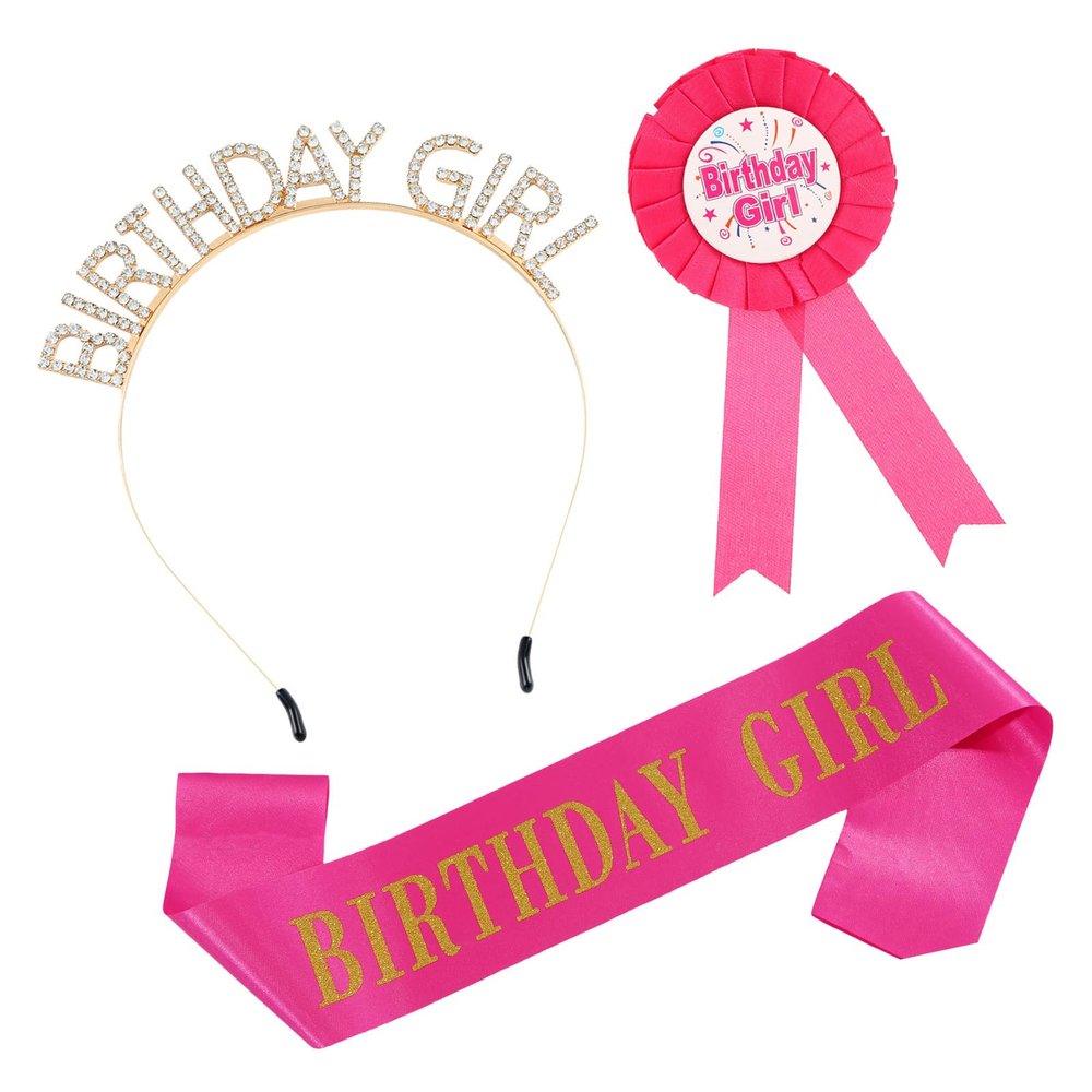 3Pcs Girl Rhinestones Birthday Headband With Shoulder Strap Decorative Pin For Birthday Supplies And Party Decoration Party Accessories