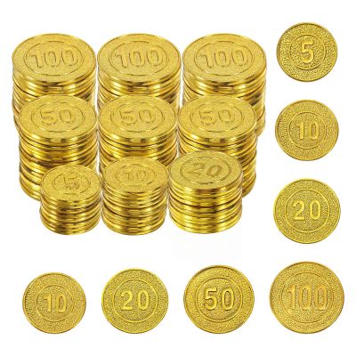 HEARTOOL Plastic Toy Coin, Pattern Gaming Play Coins Set in Mesh Bag Perfect for Entertainment Activities, Tabletop Games (Gold,100Pcs)